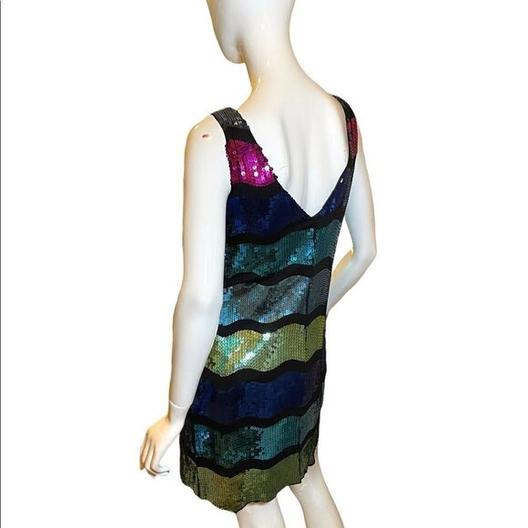 Frederick’s  of Hollywood Bright Color Block Sequin Tank Slip Mini Dress L Neon - Picture 7 of 15